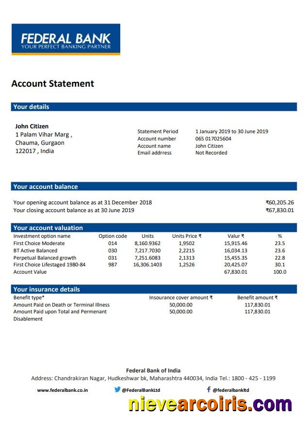 India Federal Bank statement